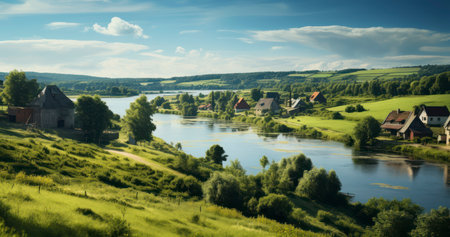 Flowing Serenity. A Scenic Overlook of a Riverside Village. Generative AIの素材