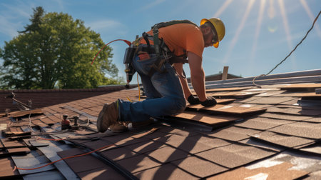 Precision Roof Repair Work on a Family Home. Generative AIの素材