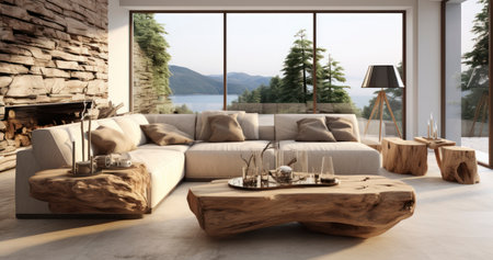 Living Room, edge tree stump accent coffee table with big couch in room, Minimalist home interior design of modern living room in house. Generative AIの素材