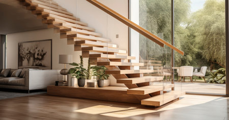 The Beauty of Wooden Stairs in Modern Interior Design. Generative AIの素材