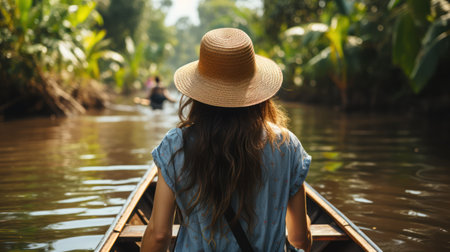 River Explorer - The Captivating Experience of a Female Tourist Sailing Through Scenic Waterways. Generative AIの素材
