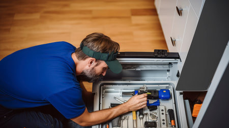From Above. The Diligent Repairman at Work, Tools in Hand, Fixing a Dishwasher in a Kitchen Setting. Generative AIの素材