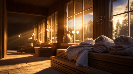 The Nurturing Warmth of a Wooden Sauna, Perfectly Paired with Comforting Towels. Generative AIの素材