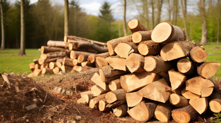 Close up of blocks of firewood with log nearby and forest in background. Generative AIの素材