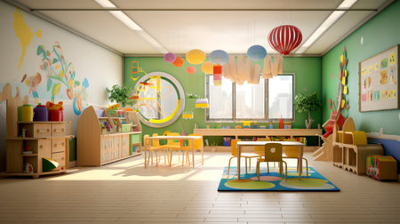 Kindergarten room, kids school interior. A space dedicated to learning letters and phonics. Generative AIの素材