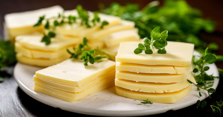 The Subtle Elegance of Cheese Slices. Cheese slices with fresh herbs. Generative AIの素材