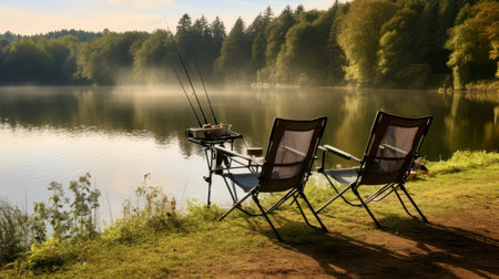 Preparing for Sport Fishing with Essential Equipment and Comfortable Chairs. Generative AIの素材