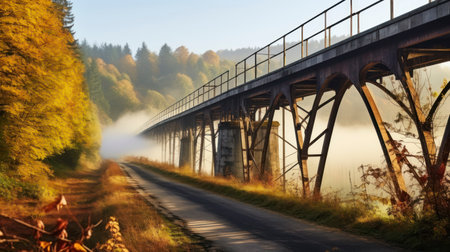 Misty Rails and Golden Leaves. The Enchanting Autumnal Scene at Railway Bridge. Generative AIの素材
