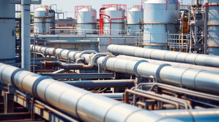 The Lifelines of Industry - Liquid Gas Containers and the Network of Pipelines in a Modern Refinery. Generative AIの素材