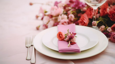 Capturing the Charm of a Wedding Party Table Setting with Flower-Adorned Plate and Cutlery. Generative AIの素材