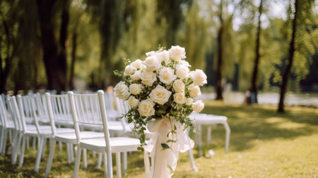 A Breathtaking Outdoor Wedding Setting with White Chairs Embellished with Fragrant Roses. Generative AIの素材