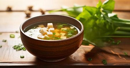 Enjoying the Subtle Flavors of Miso Soup on a Classic Wooden Surface. Generative AIの素材