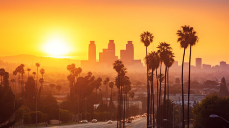 Downtown at sunset with palm tress in the foreground. Generative AIの素材