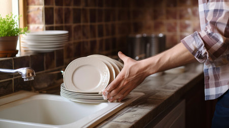 Man's hand wipe with towel a clean plate after washing all the dishes with dishwasher liquid in the vintage kitchen. Generative AIの素材
