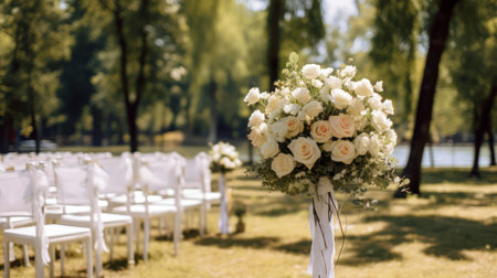Elegance Under the Sky - Wedding ceremony outdoors in the park with White chairs decorated with roses. Generative AIの素材