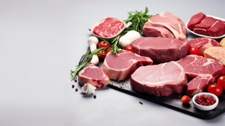 A Selection of Premium Raw Meats Artfully Arranged. Generative AIの素材