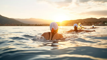 Mature Women Embracing the Sea's Embrace Against a Dazzling Sky. Generative AIの素材