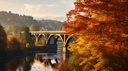 Colorful sunny autumn morning. Railway bridge in the village. Generative AIの素材