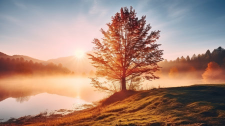 The Serene and Colorful Sunrise of an Autumn Morningの素材