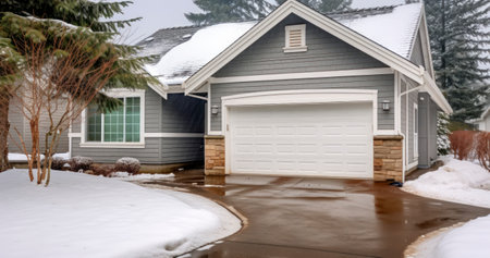 White garage door entrance of home with snow covered roof and yard in winterの素材