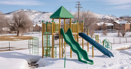 Green Slides Stand Out in a Snow-Covered Neighborhood Park Under a Cloudy Skyの素材