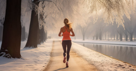 Winter Workout - Rear view Fitness running woman in winter seasonの素材