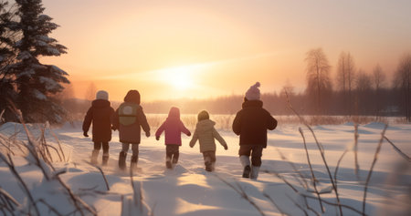 Children's Laughter Fills the Air in a Winter Field, with a Forest Scene and the Sun Setting Behindの素材
