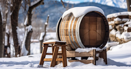 An Old Barrel Crafted from Wooden Staves and Metal Hoops, Set Against a Snowy Landscapeの素材