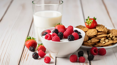 A Hearty Breakfast Set-Up of Cereal, Milk, and Berries, Drizzled with Honey on a White Wood Backdropの素材