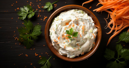 A Colorful Blend of Shredded Cabbage and Grated Carrots, Drizzled with Creamy Homemade Mayonnaiseの素材