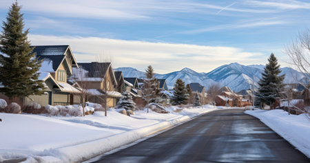 Winter's Embrace - A Neighborhood Street with Houses Overlooking a Snow-Covered Mountain Under a Cloudy Skyの素材