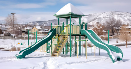Chilly Fun: Vibrant Green Playground Slides Emerge from the Snow Blanket in a Local Parkの素材