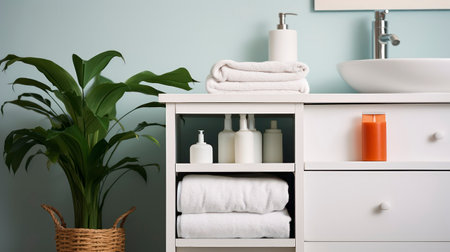 Bathroom Harmony - Simple bathroom cabinet with various supplies. Storage and organizing conceptの素材