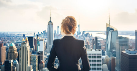 A Businesswoman's Perspective Overlooking the Metropolitan Expanse from the office, view from the backの素材
