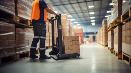 A Low Angle View of a Determined Worker Maneuvering a Pallet with a Manual Forkliftの素材