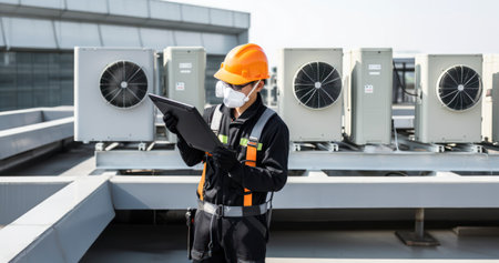 A Professional in Protective Workwear Develops Plans by Outdoor HVAC Unitsの素材