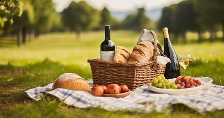 A Scenic Outdoor Picnic with a Basket Full of Treats and wine on a Sunny Dayの素材