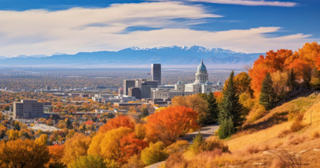 Vibrant fall colors on a hill overlooking downtown. Spectacular landscape on a sunny dayの素材