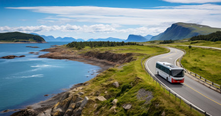 The Serene Voyage of a Tourist Bus on the Majestic Atlantic Ocean Roadの素材