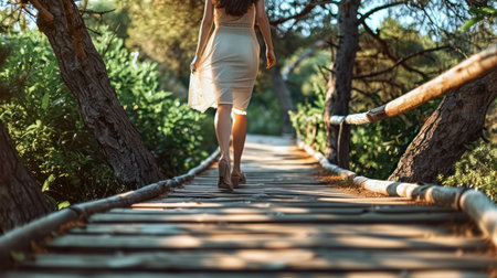 A Female Silhouette, Clad in a Summer Dress, Treads Along a Serene Wooden Path in the Warm Sunlightの素材