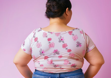 An Overweight Asian Woman Reveals Her Struggle with Waist Fatの素材