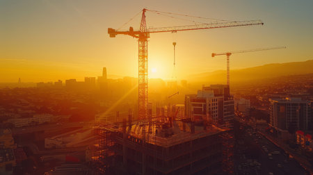 Aerial view of crane and buildings bathed in golden sunset light with clear sky.の素材