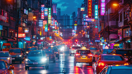 A bustling city street at night with vibrant lights and heavy traffic, capturing the energy and movement of urban life.の素材
