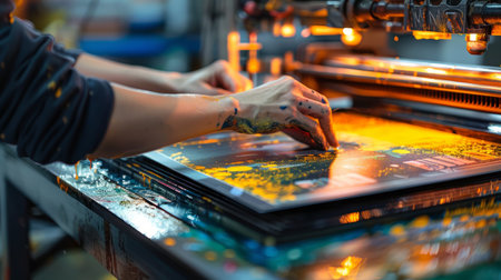 Close-up of a person using a heat press to transfer a graphic onto a t-shirt.の素材