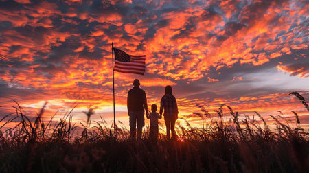 Silhouette of family with American flag against a dramatic sunset sky.の素材
