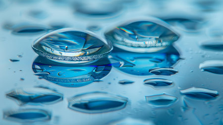 Two contact lenses on glass surface under blue light clean and sharp.の素材