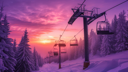 Silhouette of a ski lift against a purple sunset sky with snowy trees below.の素材