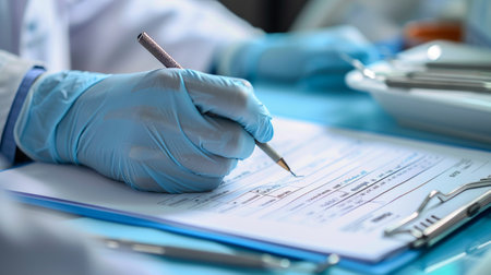 Medical Professional Writing on Clipboard with Precision and Focus in Hospitalの素材