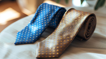 Rolled neckties in blue and brown with polka dot patterns on a tableの素材