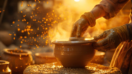 Traditional pottery making process in rustic workshop with warm lighting and natural materials.の素材